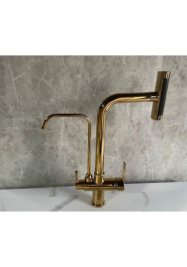 Mutfak Eviye Bataryası Dual Flow Arıtma Çıkışlı Duş Şelale 3 Fonksiyon Altın