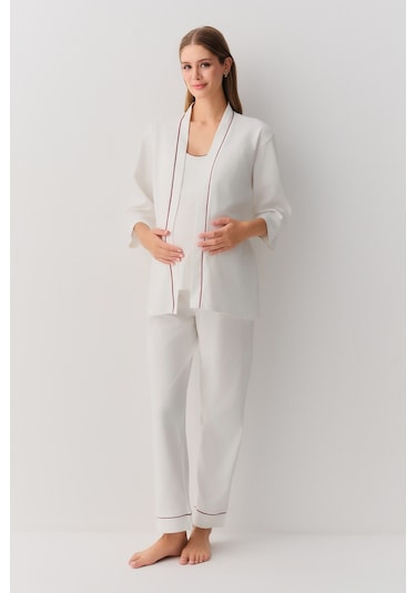 Suwen Pearl 3 Parçalı Hamile Lohusa Pijama Takımı Sh26212660t036 Ekru