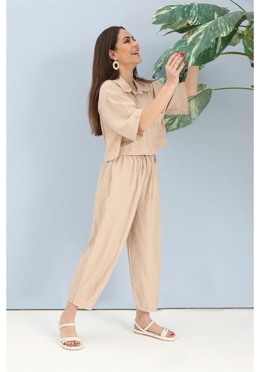 Takım Nakış Detaylı Viskon Gömlek Pantolon - Bej-bej Bej