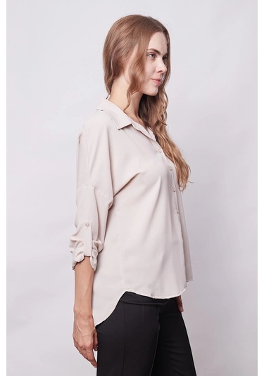 Likrasız Şık Kumaş Yakalı Sırt Dekolteli Uzun Kol Apoletli Gömlek-bej Bej