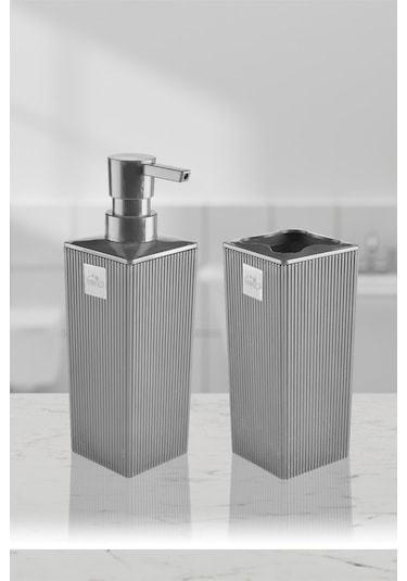 Minimalist Banyo Seti Sıvı Sabunluk Ve Diş Fırçalık Modern Kare Tasarım Dc-6778 Gri