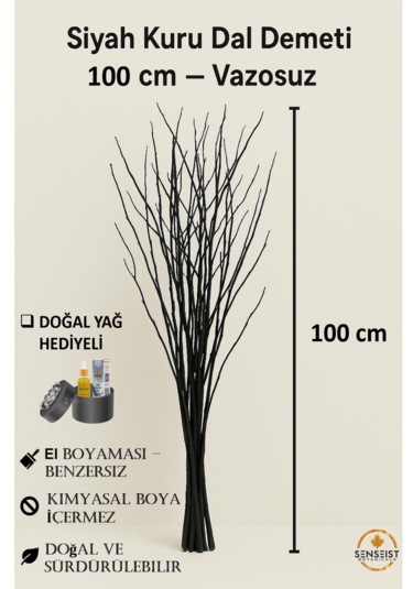 Gerçek Kurutulmuş Ağaç Dalı Demeti Siyah El Boyaması 100 C...