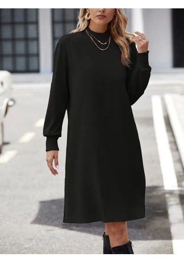 Stilaura Kadın Uzun Kollu Balıkçı Yaka Kısa Şardonlu Dalgıç Elbise Siyah