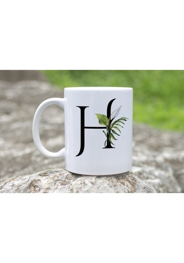 H Harf Zarif Yaprak Desenli Kupa Bardak - Naturel Sade Alfabe Harfli Bardak - Kişiye Özel Hediye Beyaz