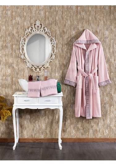 Finezza Luna %100 Pamuk Bornoz Seti Pudra 3 Parça - 604 Pudra