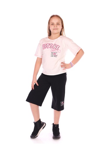 Toontoy Kız Çocuk Lets Be Happy Baskılı Kaprili Takım Ekru