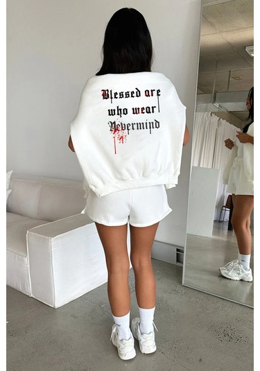 Unisex Oversize Hoodie - Blessed Tasarım Sweatshirt Beyaz