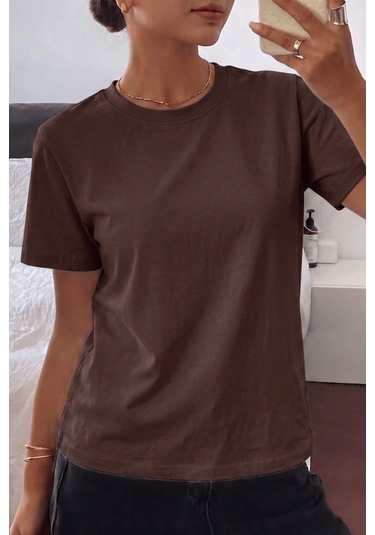 Genıus Store Kadın Tişört Gri Bisiklet Yaka Basic Tişört %100 Pamuk Rahat Kalıp T-shirt Basıc-kadın Kahverengi