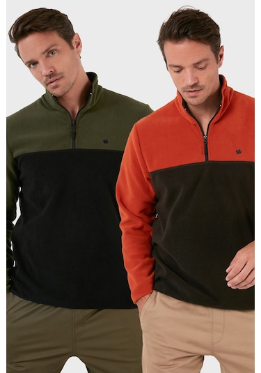 Buratti Regular Fit Anti-Pilling Tüylenme Yapmayan Dik Yaka Şardonlu 2'Li Paket Erkek Polar 5906016S2 Haki-Oranj