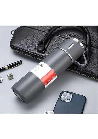 Paslanmaz Çelik 3 Bardaklı Vakumlu Vacuum Termos Set 500 Ml, 12 Saate Kadar Isı Koruma Termos Gri