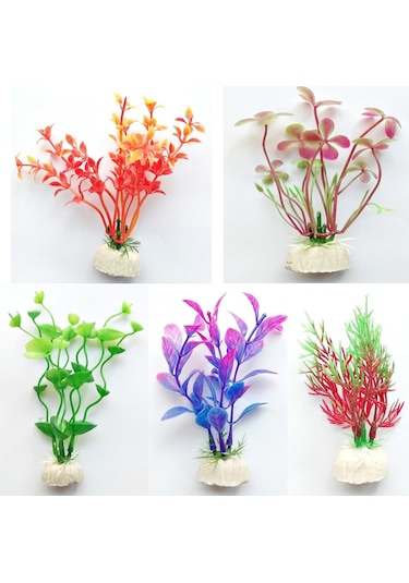 Plastik Süs Yapay Fanus Akvaryum Bitkisi Dekoru 5 Li Set Küçük