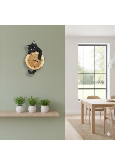 Cajuart Kütük Üzerinden Bakan Siyah Kedi Tasarımlı Duvar Saati Modern Dekoratif Saat Kahverengi