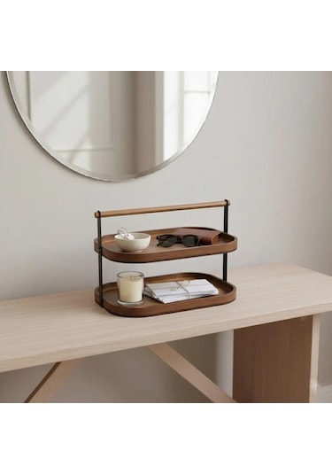 Qerhome 2 Katlı Akasya Stand / Sunumluk / Çok Amaçlı Organizer Doğal Ahşap İki Katlı Servis Ahşap