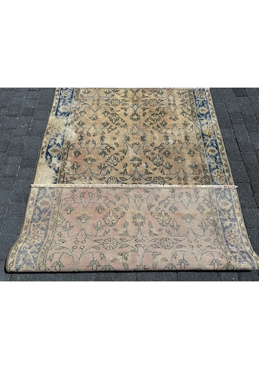 El Dokuma 115x175 Eskitme Vıntage Dekoratif %100 Yün Mavi Krem Mavi