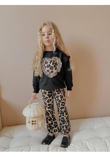Kız Çocuk Kalp Modelli Tül Detaylı Leopar İspanyol Paça Taytlı Takım Siyah