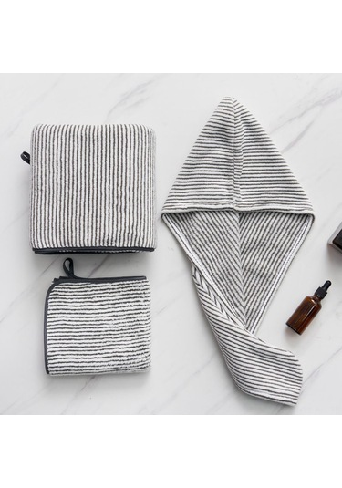 Gajeena Bambu Kömürlü Koral Yünlü 3'lü Havlu Seti - Yıkama, Plaj Ve Saç Kurutma Havlusu, Yüksek Su Absorpsiyonu, Çizgili Desen