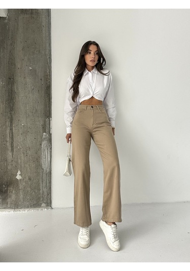 Kadın Yüksek Bel Keten Boyfriend Bol Paça Kahve