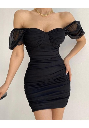 Tül Kollu Dar Esnek Likralı Öpücük Yaka Kokteyl Elbise Siyah Siyah