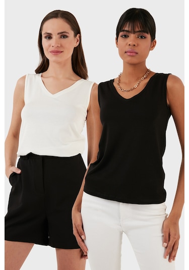 Lela Slim Fit V Yaka Kalın Askılı 2' Li Paket Bayan Bluz 5864384S2 Siyah-Ekru