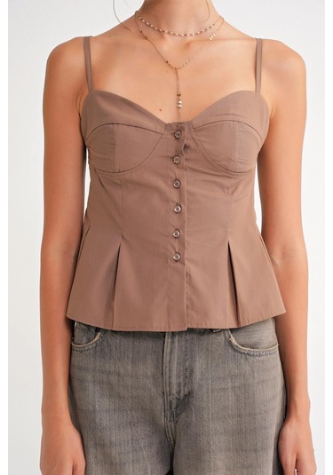 4737 Kadın Düğmeli Kuplu Pileli Bluz Moka Moka