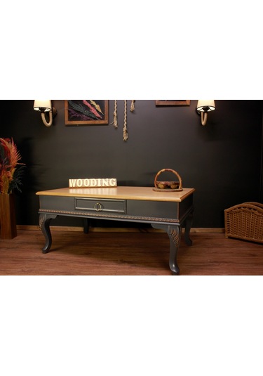 Wooding 120 Cm Masif Naturel Antrasit Oymalı Orta Sehpa