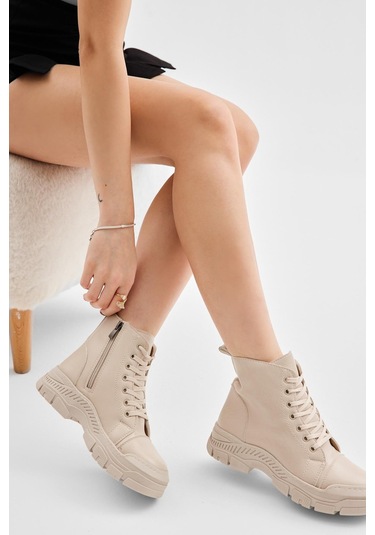 Kalın Termo Taban Bağcıklı Ve Fermuarlı Kadın Bej Günlük Bot Tbrds035 Bej