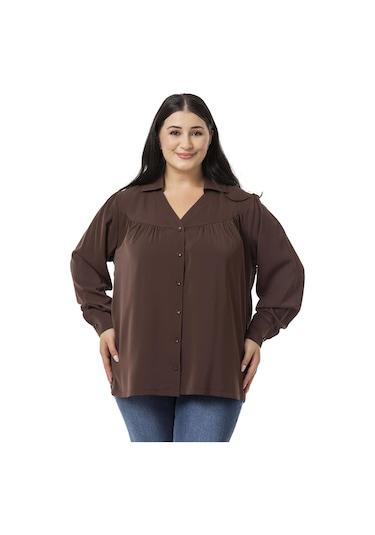 Büyük Beden Yakalı Önü Büzgü Robalı Uzun Kol Kahverengi Gömlek-kahverengi Kahverengi