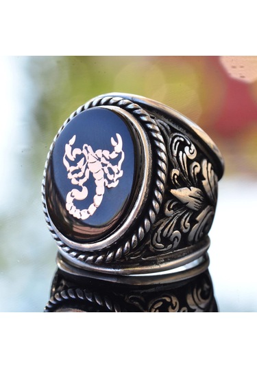 Akrep Hayvan Yüzüğü - Erkekler İçin Sterlin Gümüş Zambak Desenli Büyük Yüzük Gümüş