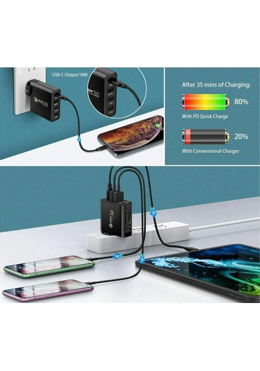 Yunboo 48w 4 Port Çoklu Şarj Aleti - 30w Pd Usb-c Ve Quick Charge 3.0 - 100-240v - Abd+ab+eu+av Dönüştürücü - Beyaz