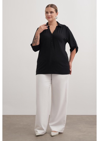 Kıvrık Kollu Örme Bluz-1825 Siyah
