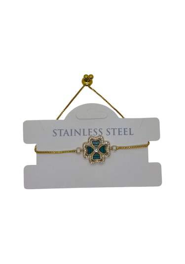 Altın Renk Yeşil Sedef Van Cleff Yonca Asansör Çelik Bileklik - 3634 Çok Renkli