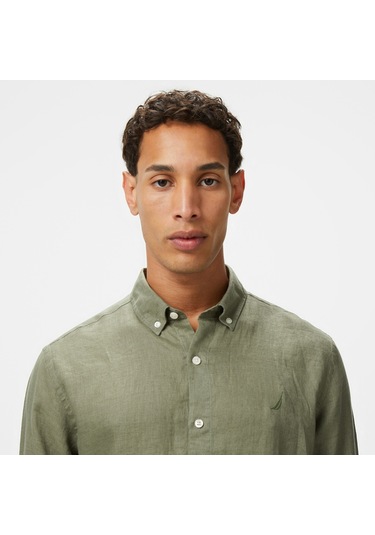 Nautica Erkek Yeşil Classic Fit Keten Gömlek Düz W55101t Yeşil