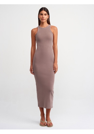 Dilvin Yıkama Efektli Midi Elbise Kahve Kahverengi