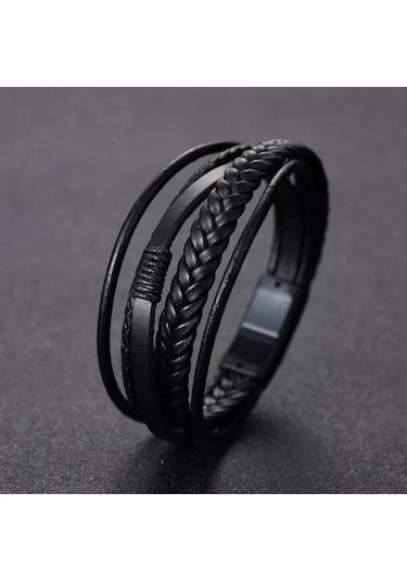 Gogoey Erkek Deri Bileklik Siyah Renk Manyetik Bileklik Db5035 Siyah