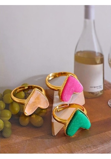 Novahub Rose Şeker Tatlı Y2k Doğal Taş Paslanmaz Çelik Kalp Aşk Açık Halka Ayarlanabilir Gerçek Altın Kaplama Kadınlar İçin Rose Gold Takı Rose Gold