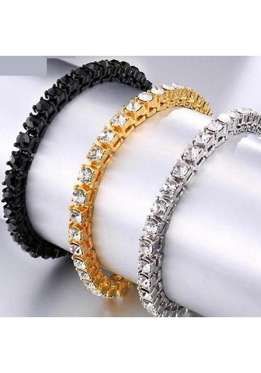 Hip Hop Erkekler Buzlu Tek Sıralı Rhinestones Charm Bilezik Gümüş Altın - Gümüş