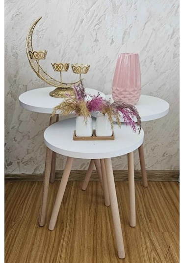 3'lü Zigon Sehpa Seti Saksılık Ve Çiçeklik Standı, Dekoratif Yan Sehpa Ahşap Ayaklı 33 Cm Çap - Beyaz Beyaz