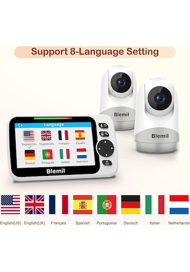 Blemil Bölünmüş Ekranlı Bebek Monitörü Çift Kamera Destekli Ses Özellikli 5 İnç Pan/tilt/zoom Gece