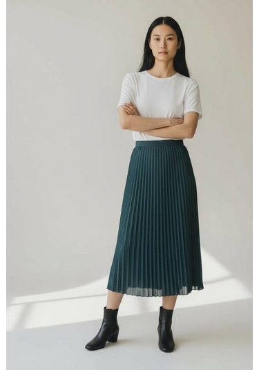 Pileli Pamuklu Dokuma Viskon Kışlık Etek 95 Cm - 38-48 Zümrüt Yeşili