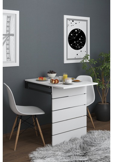 Fulya Duvara Monte Katlanabilir Pratik Yemek Masası Balkon Beyaz