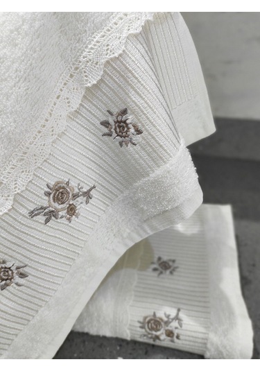 %100 Pamuk & Nakışlı Havlu Takımı - 2'li Dantelli Havlu Seti - 40x60 Cm Ekru Ekru