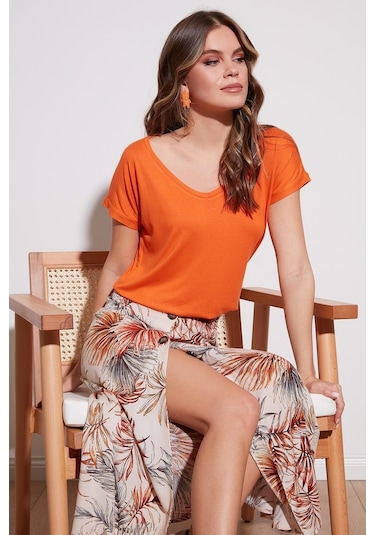 Lela V Yaka Rahat Kesim Yırtmaçlı Bayan Bluz 5862000 Oranj
