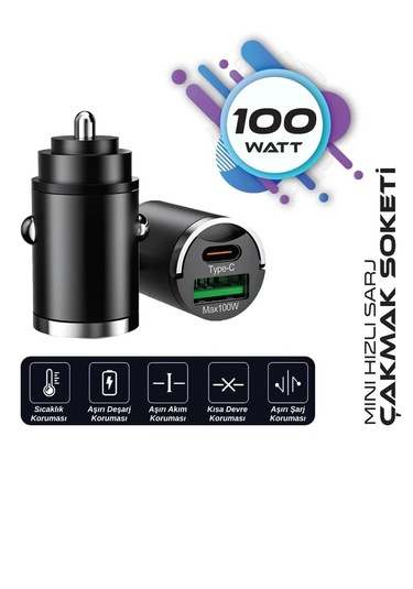 Araç Çakmak Sarj Soketi Mini Hızlı Sarj 100w Usb + Type C