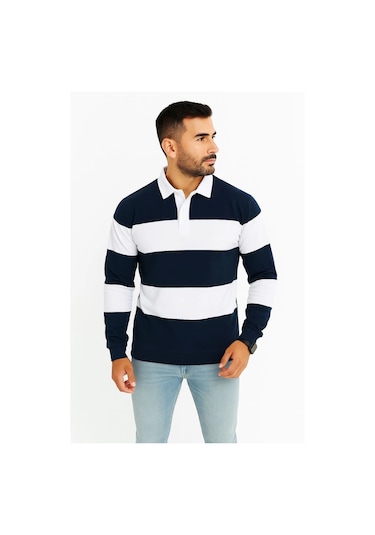 Erkek Polo Yaka Uzun Kollu Çizgili Sweatshirt Trend Rugby Stil - Lacivert Siyah