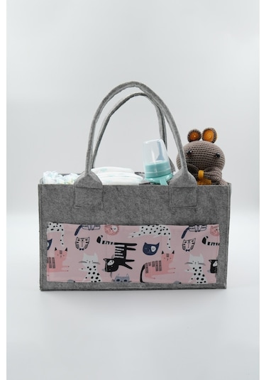 Jasper Hayvan Figürlü Gri-pembe Keçe Anne Bebek Bakım Çantası Or Gri