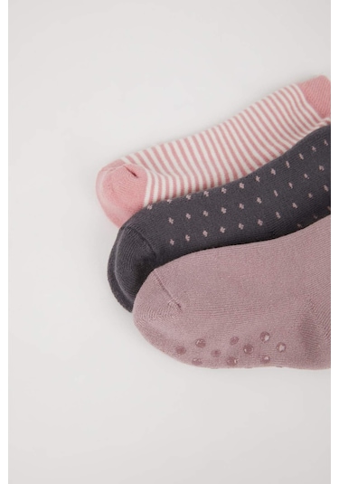 DeFacto Kız Bebek Kaydırmaz Taban 3'lü Pamuklu Uzun Çorap D2481A5NSKR1 Çok Renkli