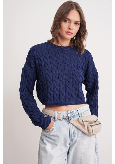 6863 Kadın Saç Örgülü Crop Triko Kazak Lacivert Lacivert