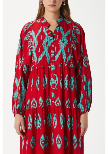 Modest Megan Kırmızı Turkuaz Kadın %100 Viskon Maksi Boy Katlı Balon Kol Uzun Yazlık Elbise Kırmızıturkuaz Kırmızı - Turkuaz