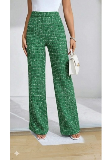 Tua Moda Kadın Yüksek Bel Paçaya Doğru Geniş Dokuma Pantolon Yeşil