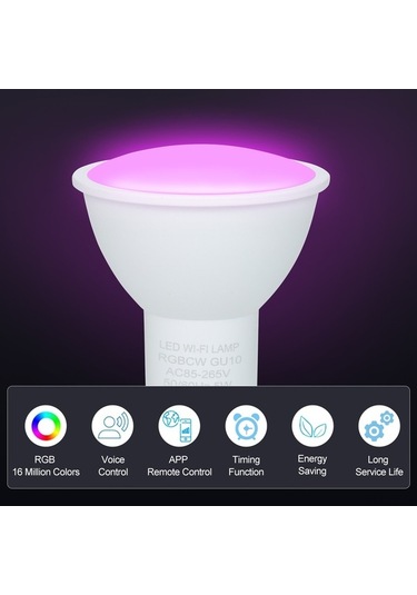Moly Gu10 Wifi Akıllı Led Ampul 5w Rgb+cw+ww Beyaz 16m Renk Parlaklık Ayar App Ses Kontrolü Beyaz